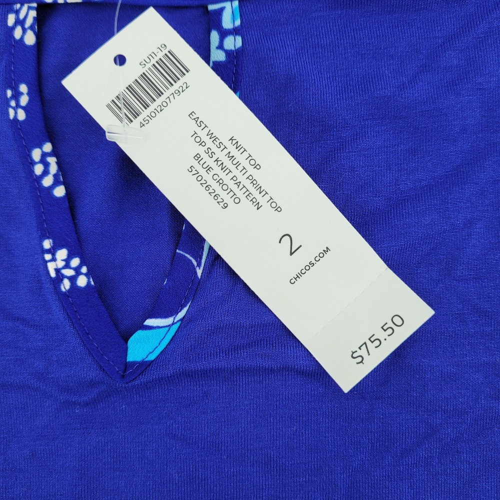 Chicos Regal Blue Boho Peasant Coastal Top Kimono Sleeve Keyhole Size 2 LG NWT - Picture 5 of 12